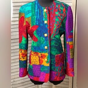Vintage Louis Feraud Art Deco Quilted Print Blazer Jacket with Gold Buttons